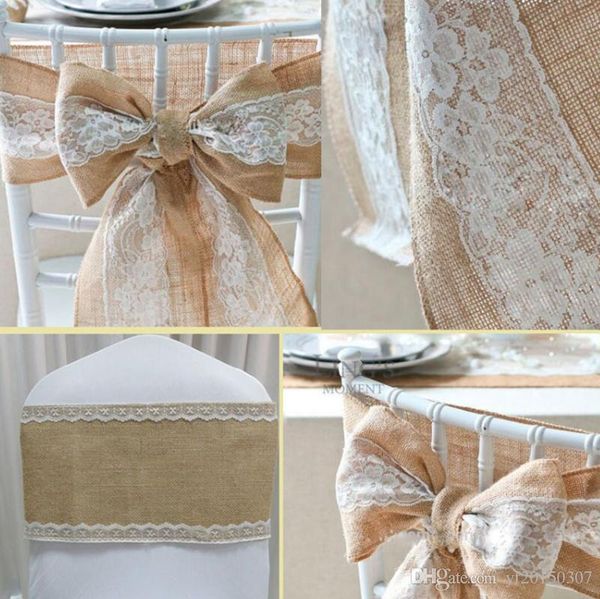 Chaves de cadeira Decoração de casamento naturalmente elegante Cadeiras de renda de estopa Sashes Jute Tie Bow para decoração de eventos de festa rústica