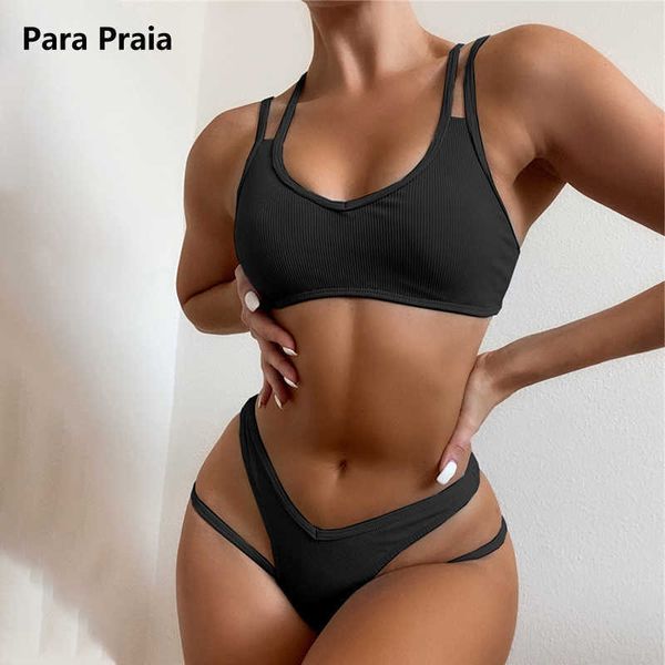 Set di reggiseni Para Praia 2021 Costume da bagno a fascia nero da donna Costume da bagno ritagliato Costume da bagno scavato bikini sexy Costume da bagno brasiliano solido per le donne T221206