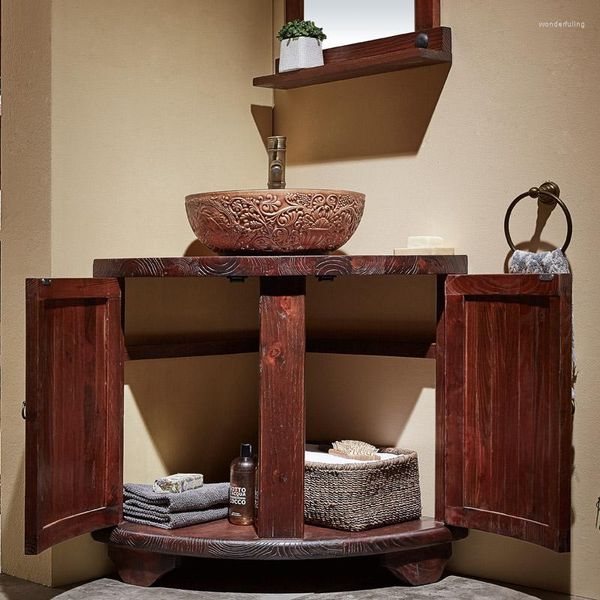 Set di accessori per il bagno Lavabo retrò in legno massello ad arco a forma di ventaglio ad angolo retto moderno cinese con combinazione di mobili da bagno a triangolo angolare