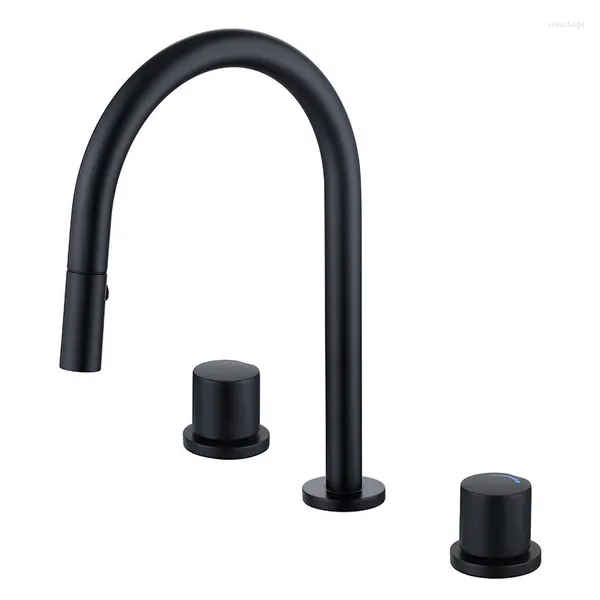 Rubinetti per lavandino del bagno Rubinetto per lavabo di lusso nero opaco Design con doppia maniglia Miscelatore estraibile montato su piano