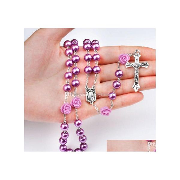 Collane di perline Bella donna alla moda viola imitazione perla rosa cattolicesimo perline di preghiera collana croce dea religione gioielli goccia Dhbz8