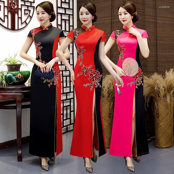 Roupas étnicas novidades chinês estilo bordado vintage bodycon qipao festas noturnas de casamento vestido skinny feminino clássico fork cheongsam