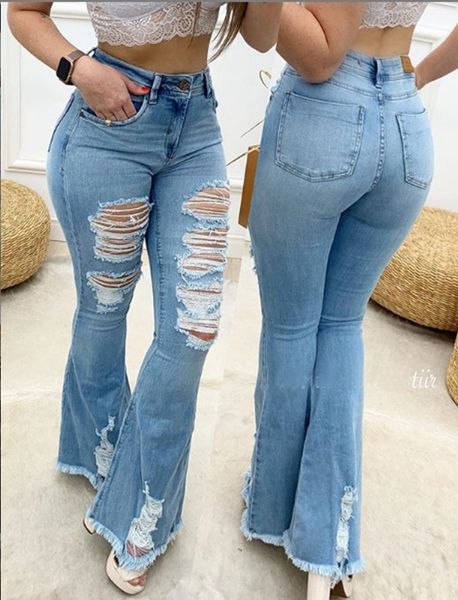 Женские джинсы Flare Женщины, разорванные джинсы с джинсами, джинсовые брюки винтажный колокол нижний нижний бал
