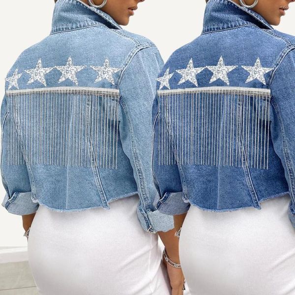Giacche da donna Giacca di jeans a maniche lunghe corta Abbigliamento da donna Sottile Risvolto a catena con perline con stampa personalizzata a cinque stelle