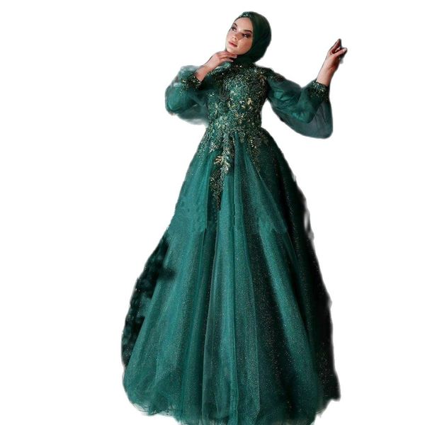 Glitzernde muslimische Abendkleider, grüne Applikationen, formelles Kleid für islamische Frauen, Stehkragen, lange Ärmel, marokkanischer Kaftan in A-Linie