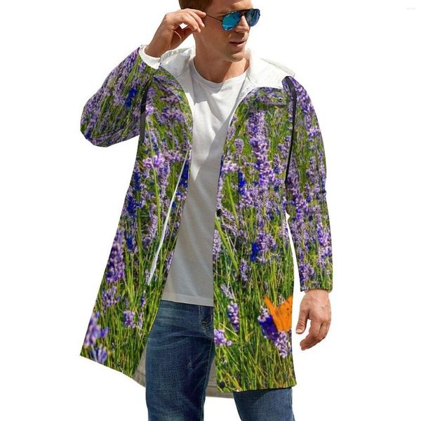 Trench da uomo Giacche a vento da campo di lavanda Maschile Fiore viola Stampa Lungo Giacche autunnali personalizzate vintage Casual Allentato Plus Size 5XL