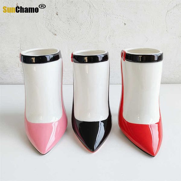Вазы Керамическая ваза Креативная обувь на высоком каблуке Цветочная композиция Розовая девушка Цветочное украшение Персонализированный подарок T221205