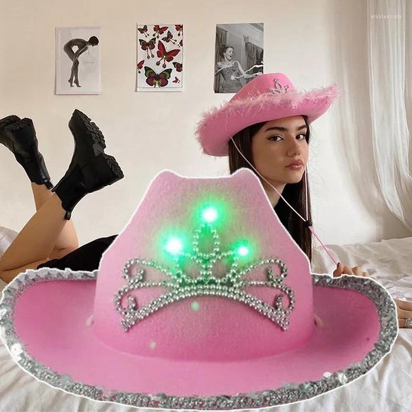 Bolets estilo brilho cowboy chapéu de moda feminina rosa Cap deformado largura com borda com decoração de lantejoulas LED Crown Tiara Cowgirl