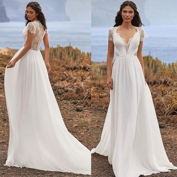 2022 Boho Chiffon Brautkleid Sexy V-ausschnitt Cap Sleeve Brautkleid A-Line Spitze Appliques Vestidos De Novia Für Frauen