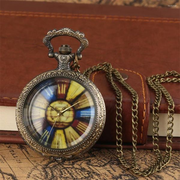 Relógios de bolso steampunk retrô transparente vidro exibir colar de quartzo relógio de camisola de bronze Relógio pendente do vintage Men Women Mulheres