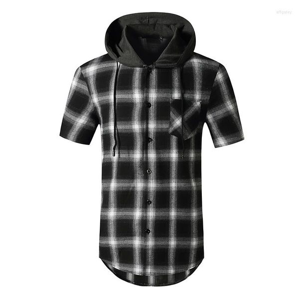 Camisetas masculinas xadrez extra longo com capuz camisa 2022 moda masculina manga curta hip hop streetwear harajuku para chemise homme