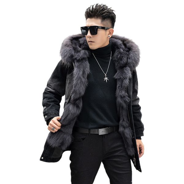 Cappotto di pelliccia di volpe reale Giacche di jeans invernali da uomo Cappuccio di pelliccia Abbigliamento maschile Giacca calda Parka Hip Hop Top Plus Size Capispalla 4XL