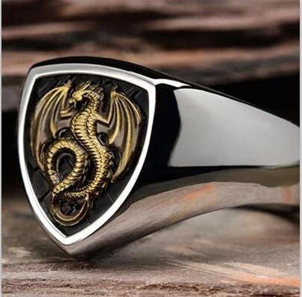 Retro Steel Gold Viking Firing Dragon Ring для мужчин байкер скандинавской этнической из нержавеющей амулеты украшения