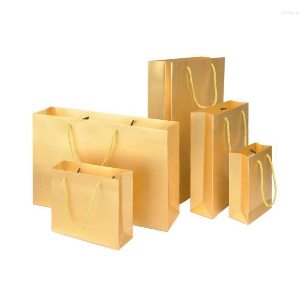 Confezione regalo 10 pezzi / lotto Sacchetto di carta Logo personalizzato Oro Abbigliamento Shopping Sacchetti di bomboniera in cartone dorato