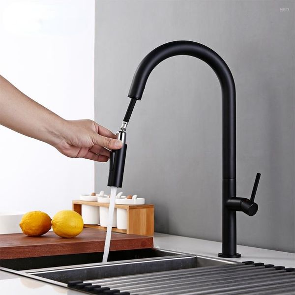 Küchenarmaturen, gebürstetes Chrom und schwarzer Edelstahl, 360-Grad-Drehung, herausziehbarer Messing-Wasserhahn, Kaltwasser-Waschtischarmaturen