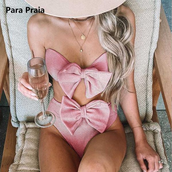 BHs Sets Para Praia Hohe Taille Bikini Solide Rosa Bikinis 2021 Bogen-knoten Bademode Frauen Bandeau Frau Badeanzug Push up Badeanzug T221206