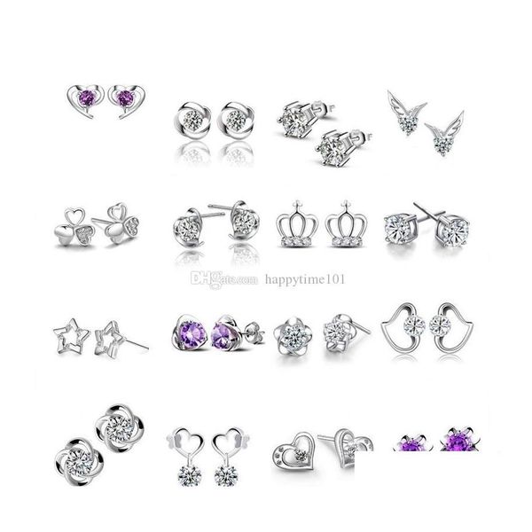 Stud Mode 925 Sterling Silber Überzogene Kleine Ohrstecker Herz Klee Krone Für Frauen Schmuck Drop Lieferung Dhcjp