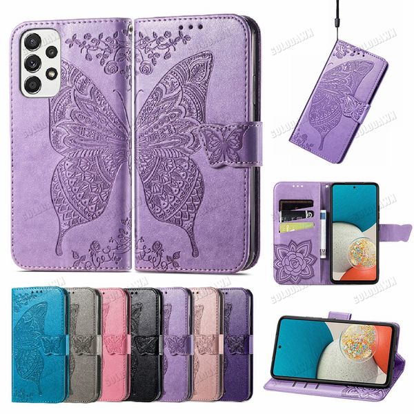 Impressum Butterfly Flower PU Leder Brieftaschenhüllen für Samsung S23 S22 S21 Ultra Plus A22 A51 A71 A73 5G Print Blumen -ID -Karten -Karten -Slot -Fashion Halter Flip Deckbein Telefon -Beutel