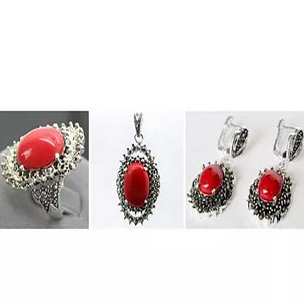 Jóias de moda Red de laca esculpida Marcasite Ring 7-10earrings colar conjuntos pandentes