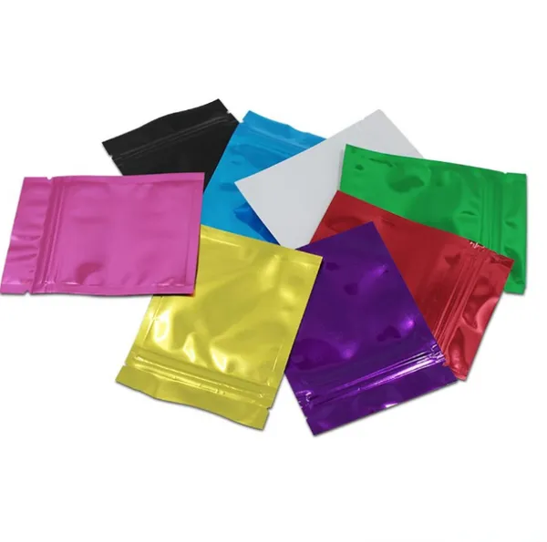 4 misure colorate Mylar Foil Zipper Packaging Bags Tear Notch Foglio di alluminio Buste con cerniera autosigillanti Sacchetti campione per alimenti Snack Storage