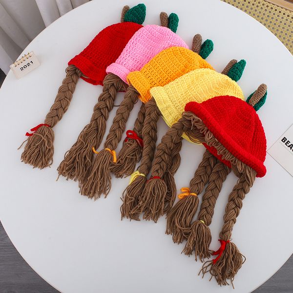 Cappello per parrucca lavorato a maglia per bambini da 48 cm con 2 cappelli invernali per ragazze a treccia grande Cappelli a forma di mela Cappelli per bambini 2633 E3