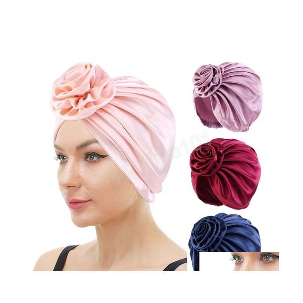 Berretto/berretti di cranio in raso grande fiore hijab cappello di turbante vintage setoso cappello da donna elastico elastico femme musman turbante testa cicatrice dhgdp