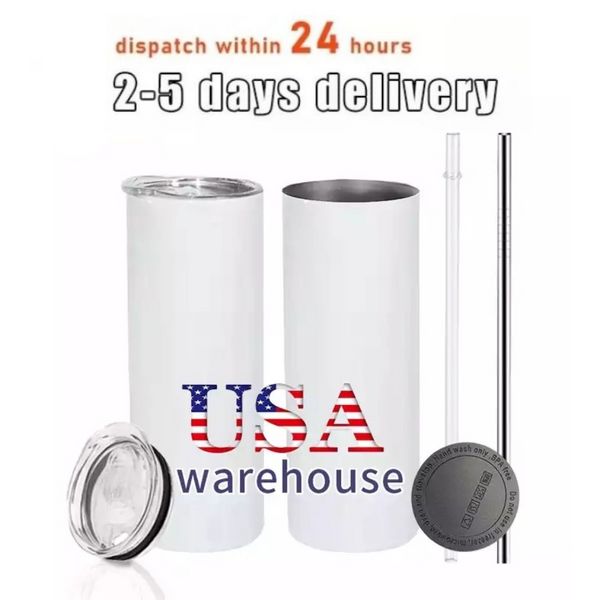 USA 2 Tage Lieferung 20OZ Sublimation Tumbler Blanks Edelstahl Wasserflaschen Sublimation gerade Becher mit Strohhalm 50 Stück/Box B1207