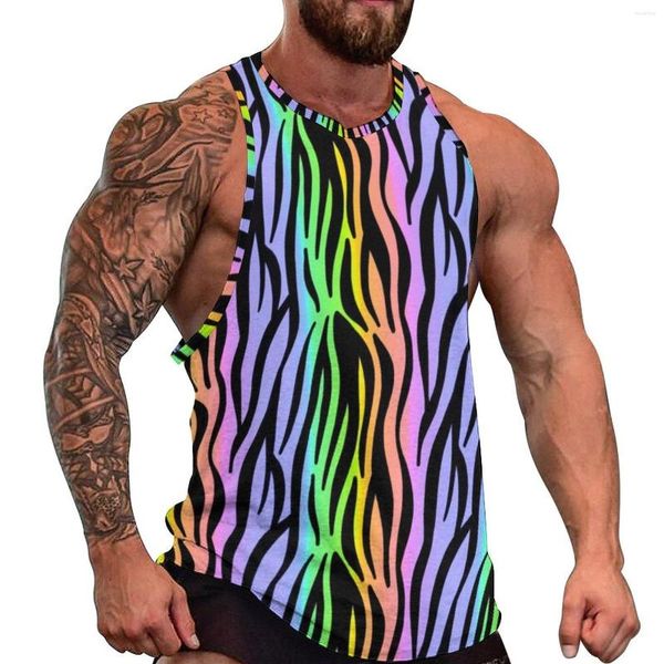 Tanques masculinos tampas de arco -íris tigre tigre top homens listras coloridas roupas esportivas praia ginástica camisas sem mangas