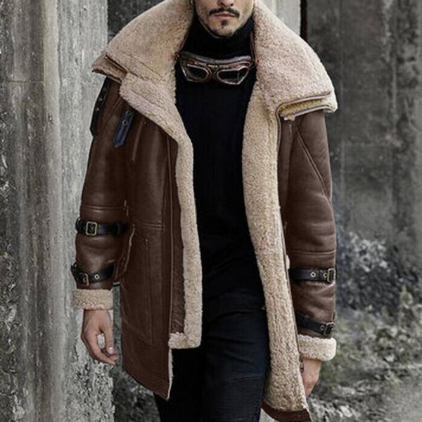 Mens jaquetas menses de couro falsificado de inverno casacos de lapela quente machos ladeados de parques de parques de peles de pele de peles