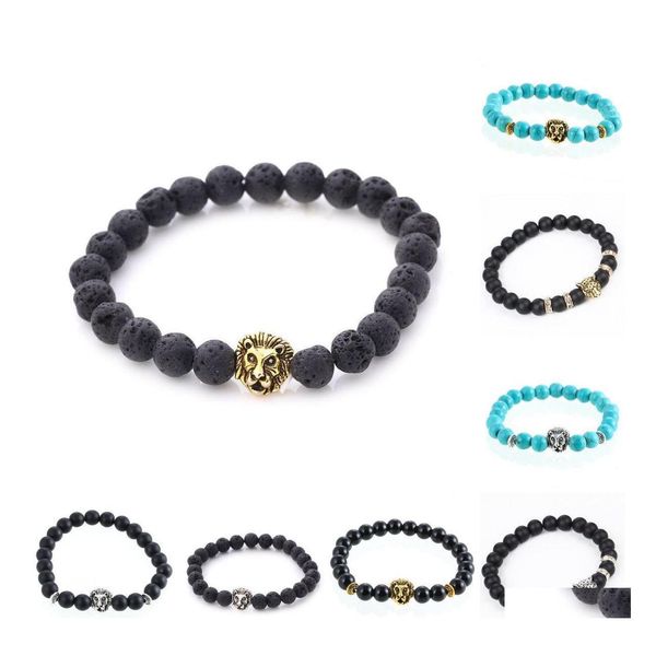 Braccialetti con ciondoli con perline per uomo Donna all'ingrosso Placcato oro antico Buddha Leone Testa di leone Bracciale Nero Lava Pietra naturale Perline Dr Dhrdw