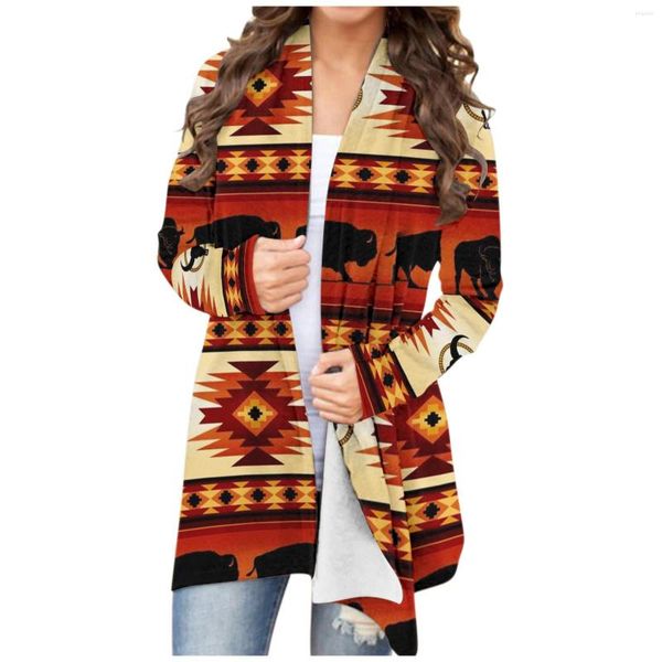 Maglieria da donna Cardigan da donna con stampa etnica occidentale vintage da donna Cappotto da giacca a manica lunga azteco geometrico casual da donna