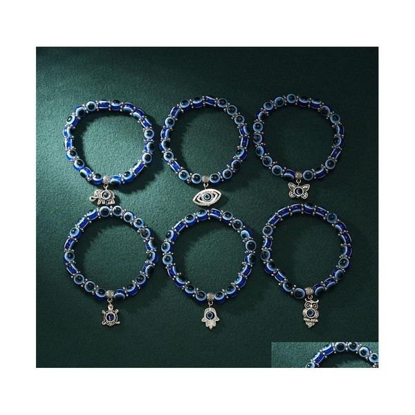 Perlen-Armband mit blauem bösen Blick, Hand der Fatima, Türkei, tausend Augen, Wunsch, handgefertigt, für Damen, Kunstharz, Perlen-Armreif, elastische Armbänder, Schmuck Dh8Vv