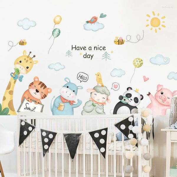 Adesivi murali Animali adorabili Giraffa Panda Maiale Happy Day Adesivo per la scuola materna Aula Camera dei bambini Decorazione della scuola materna