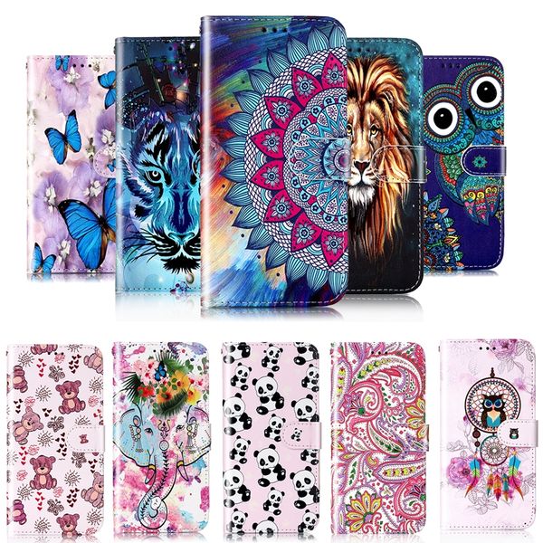 Custodie a portafoglio in pelle goffrata per Samsung S24 Plus Ultra S23 FE A25 A24 A15 A05 A05S Huawei Honor 90 Lite Cartoon Lion Tiger Luxury Flower Owl Holder Flip Cover Pouch