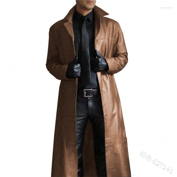 Trench dos casacos masculinos 2023 desgaste de jaquetas de couro longas azuis mensagens vermelhas PU sobretocutas fits slim fit marrom trajes para cantores dançarinos