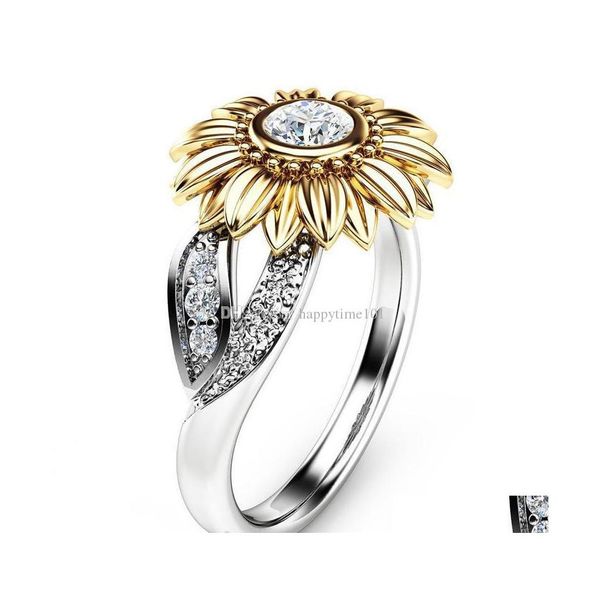 Anelli a fascia Colore girasole Anello zircone Diamante Cristallo Placcato oro Amanti delle gemme Sposarsi Moda Temperamento Gioielli da donna di lusso Regalo D Dh0Sh