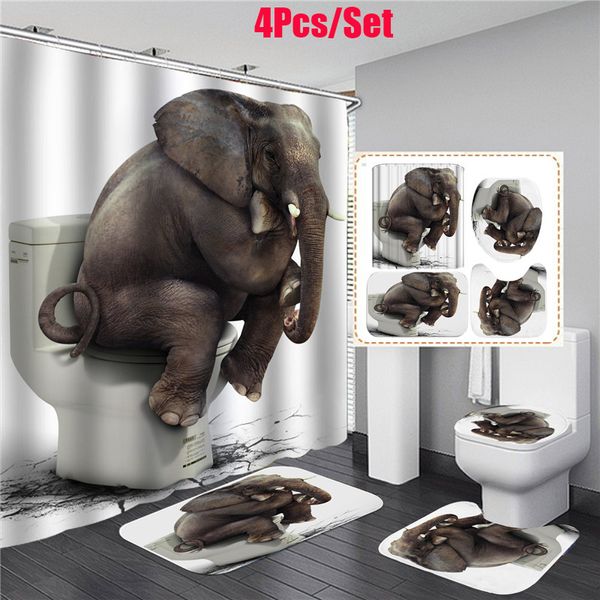 4pcs/conjunto de chuveiro de chuveiro de banheiro tapete hasterário aquarela de elefante elefante estampado tats de banheiros tela com tapetes de tapetes não deslizantes decoração de casa