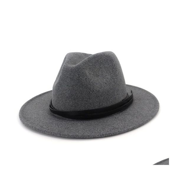 Breite Krempe Hüte Eimer Hüte Mode Handgemachte Ledergürtel Dekor Wollfilz Jazz Fedora Hüte Unisex Männer Frauen Flache Krempe Trilby Panama Dhx1C