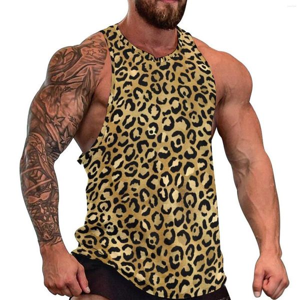 Canotte da uomo Top leopardato dorato Allenamento con stampa animalier da uomo Gilet senza maniche con motivo vintage quotidiano oversize