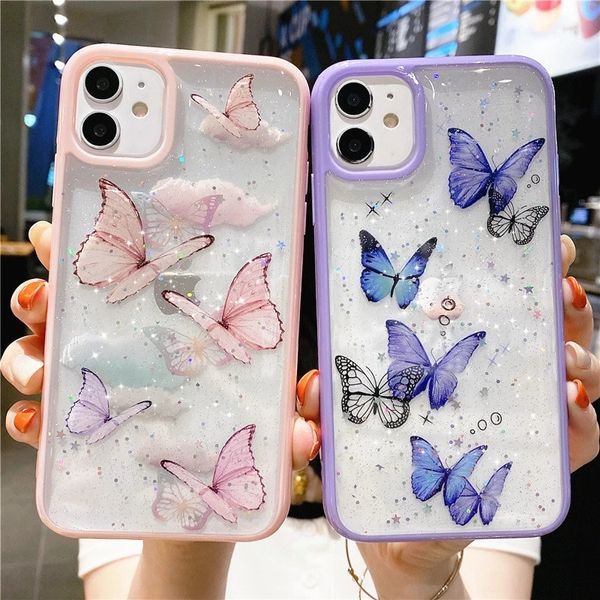 Cartoon Clear Glitter Butterfly Soft Choffprove Phone Case para iPhone 14 12 13 11 Pro Max XS Max Xr X 6s 7 8 Plus SE