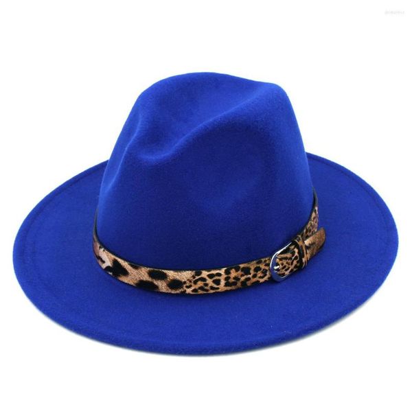 Boinas Mistdawn feminino feminino lã mistura panamá chapéus largos vasta fedora tips caps leopard couro band