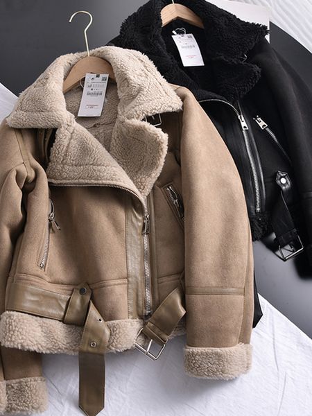 Pelle da donna Faux Ailegogo Inverno Donna Spessa Calda Pelle scamosciata Giacca di agnello Corta Moto Cappotti marroni Shearling Giacche di pelle di pecora Outwear 221207