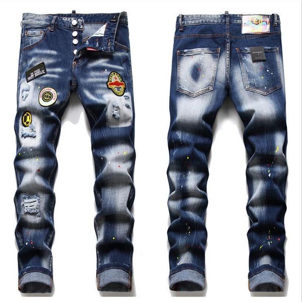 Jean Hip Hop calça de rua Trend Zipper Decoração rasgada rasgadas RIPS Alongamento da moda negra Slim Fit Washed Motociclo com painéis Christmasxdrv