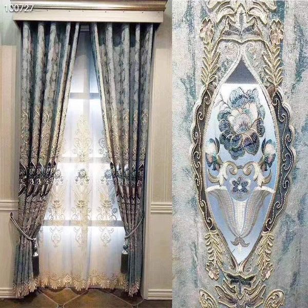 Cortina azul chenille hollow floral gaze luxuros grossos cortinas de blecaute para bordados de bordados solúveis em água do quarto cortinas de renda