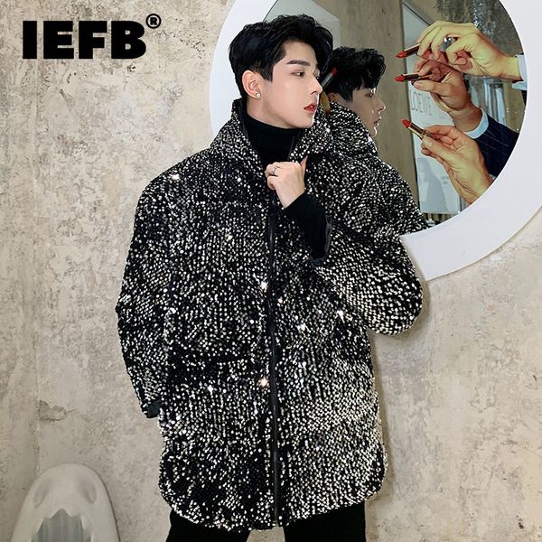 Piumino da uomo IEFB con cappuccio Paillettes Giacca imbottita da uomo Moda Design unico Abbigliamento da palcoscenico Cappotto invernale in cotone con cerniera coreana 9A6478 221207