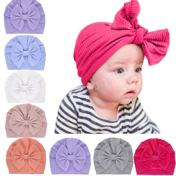 Cappelli per neonati con fiocco a righe lavorati a maglia in tinta unita, comodi e morbidi, per bambine, con fiocchi, accessori per capelli per bambini, oggetti di scena per foto