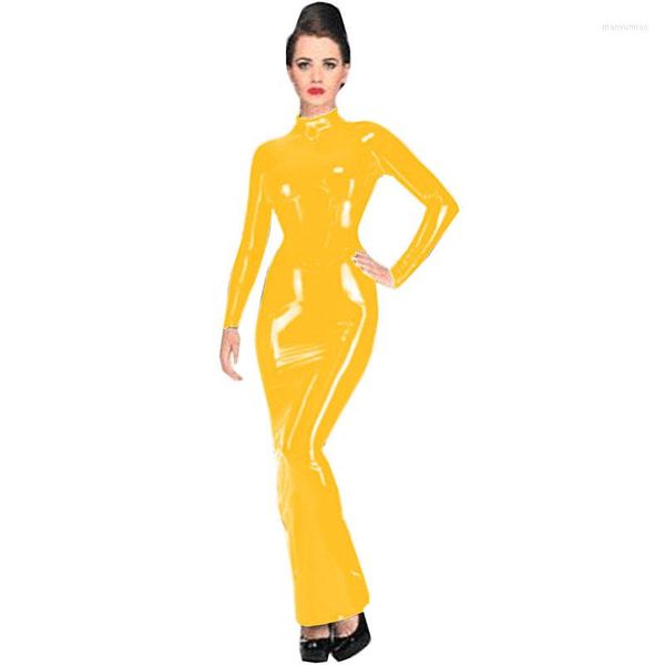 Sıradan elbiseler artı beden bayan o-boyun uzun kollu elbise seksi bodycon ayak bileği uzunluk vestido ıslak görünüm pvc gece kulübü kıyafeti cosplay club