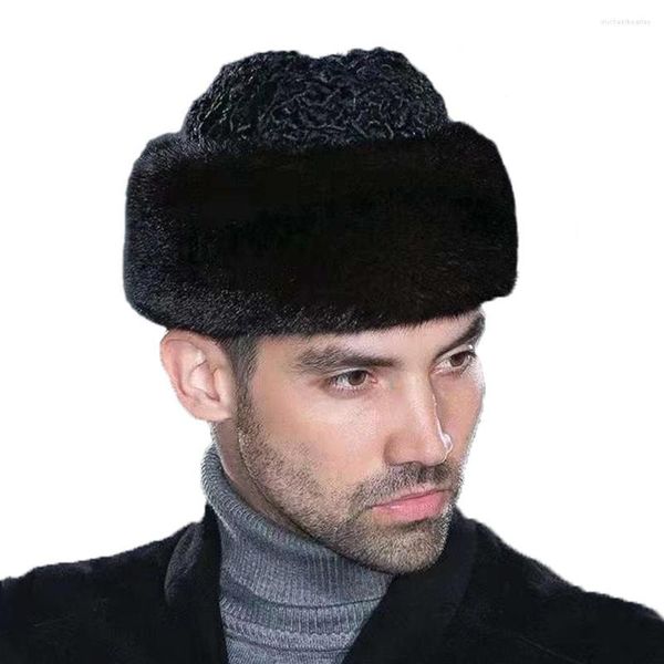 Берец Зимние мужчины подлинные шляпы мода настоящая овчина кепка мужчин высококачественная шляпа черный цвет классический повседневный ветрозащитный