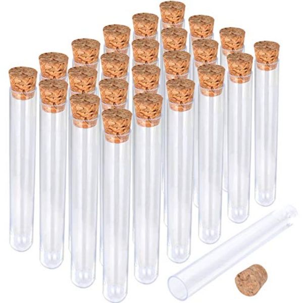 Forniture di Laboratorio 25Pcs Provette di Plastica Trasparente con Tappi di Sughero 15x100mm 10ml Buona Tenuta per Gioielli Perline Polvere Spezie Stoccaggio di Liquidi