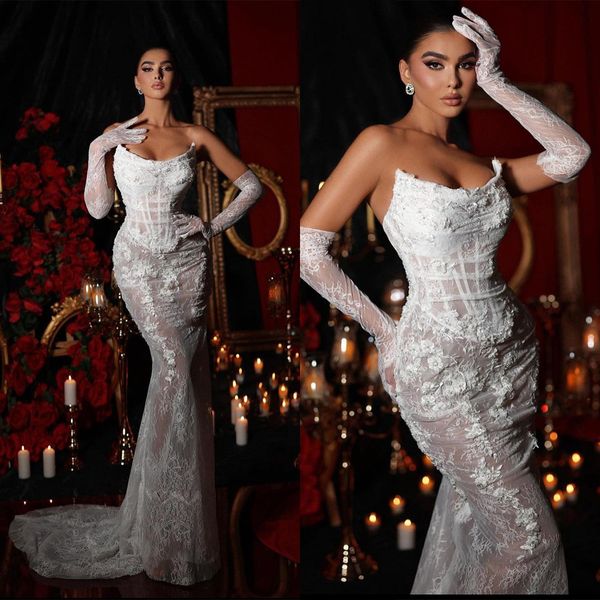 Elegante Meerjungfrau Brautkleider Sexy trägerlosen Applikationen Spitze Brautkleider nach Maß Lace-up zurück Sweep Zug Vestidos de Novia